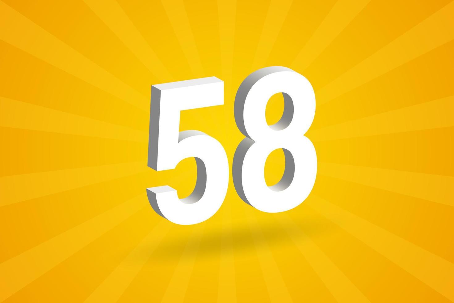 3D 58 number font alphabet. White 3D Number 58 with yellow background vector