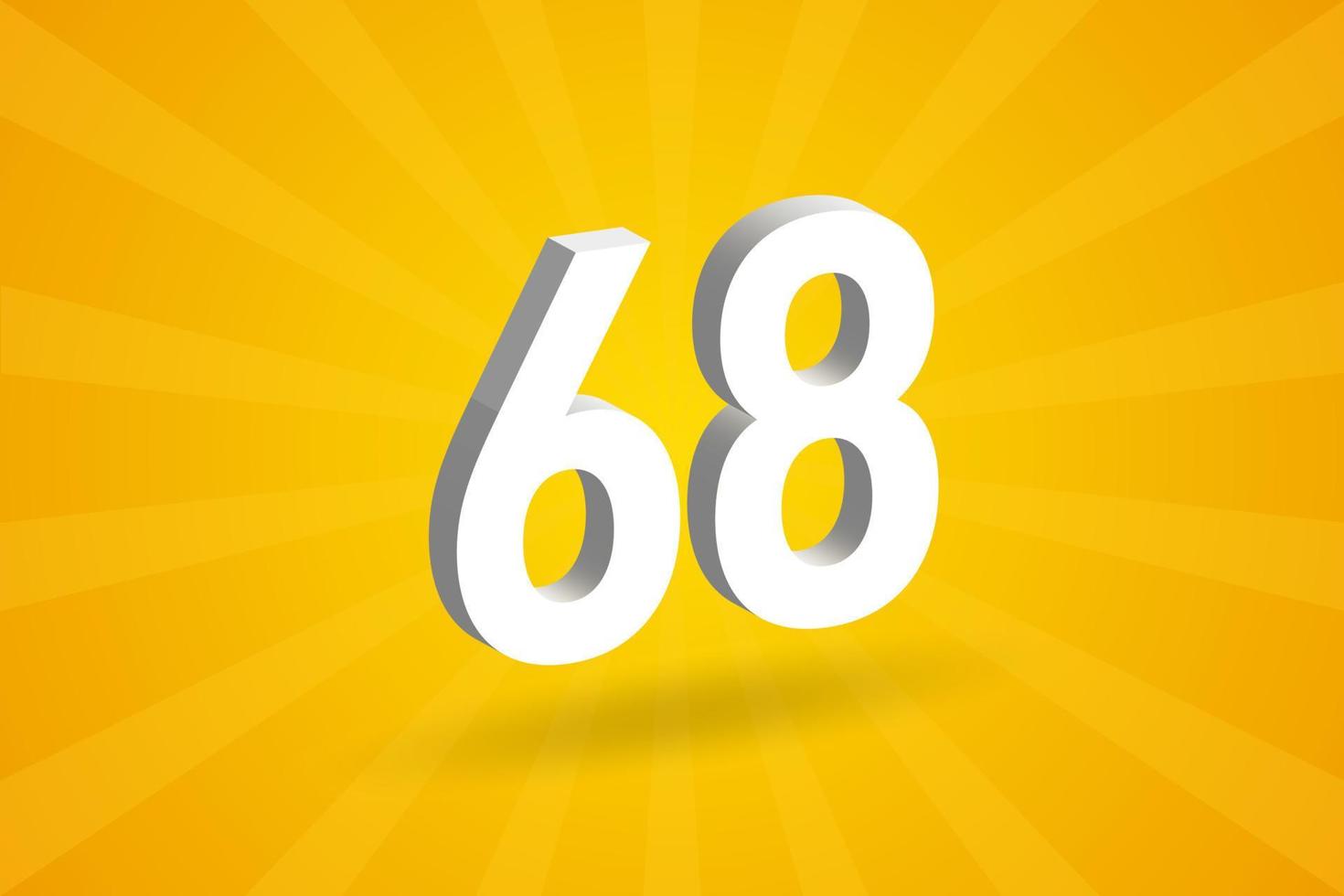 3D 68 number font alphabet. White 3D Number 68 with yellow background vector