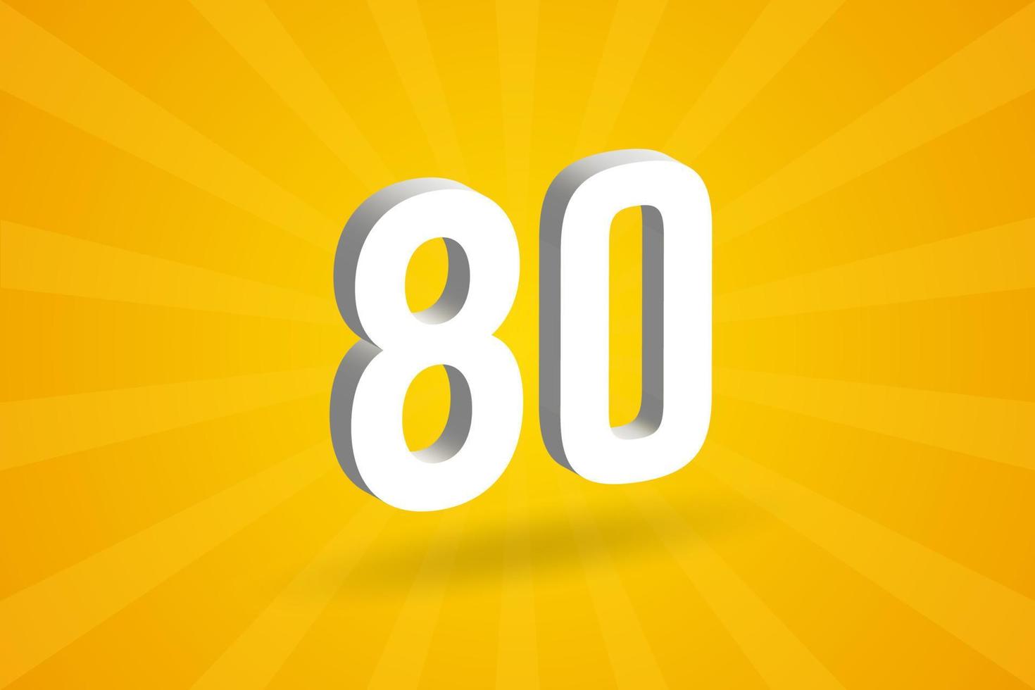 3D 80 number font alphabet. White 3D Number 80 with yellow background vector