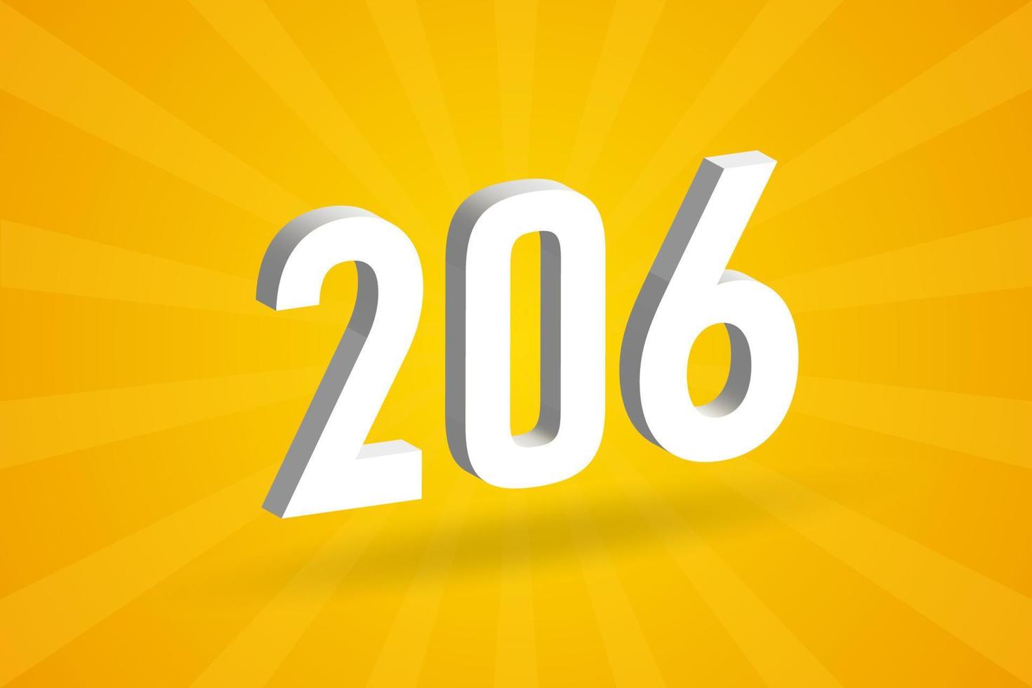 3D 206 Number Font Alphabet White 3D Number 206 With Yellow Background 