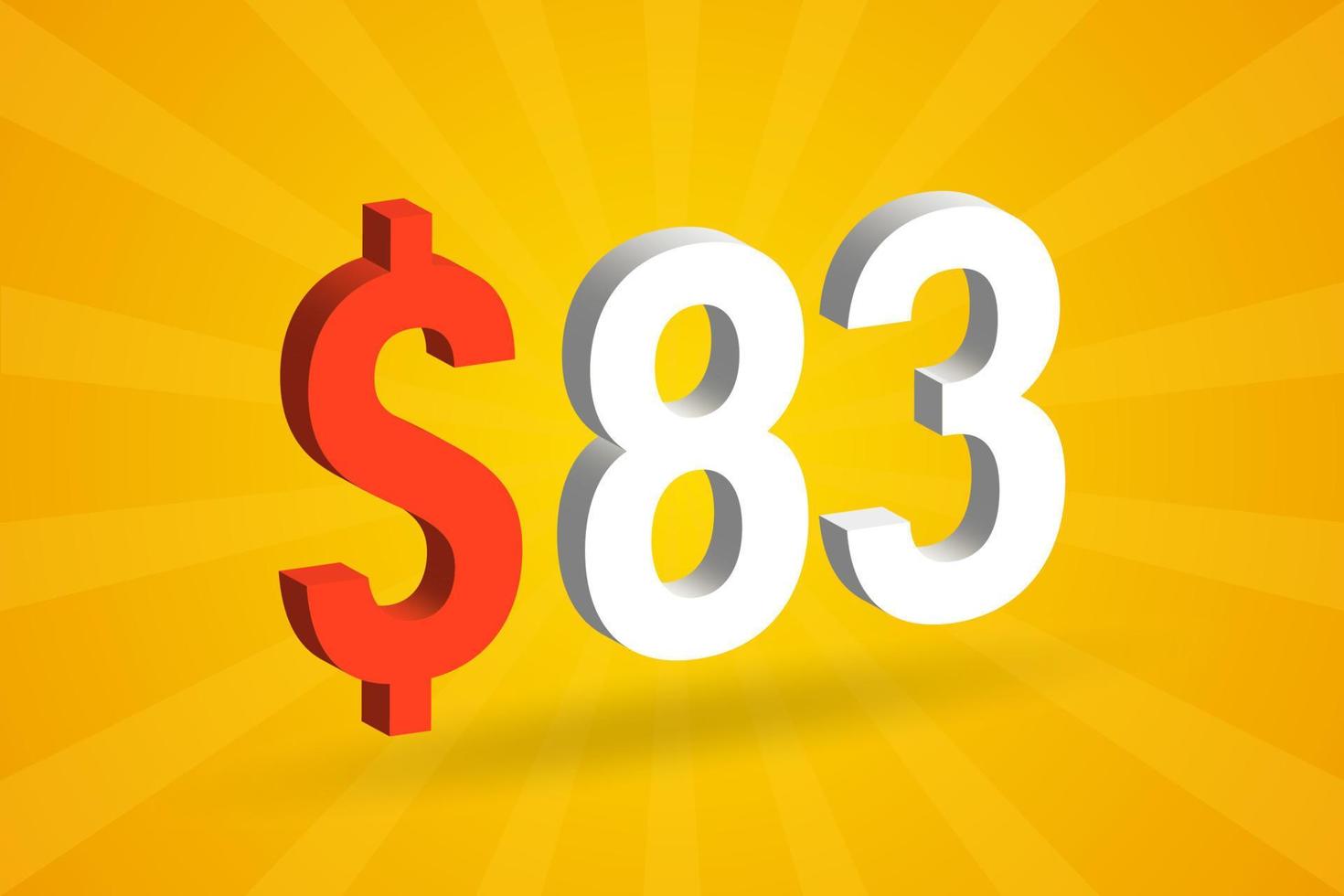 83 USD 3D text symbol. 83 United State Dollar 3D with yellow background American Money stock vector