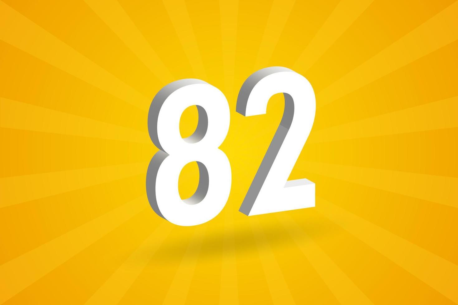 3D 82 number font alphabet. White 3D Number 82 with yellow background vector