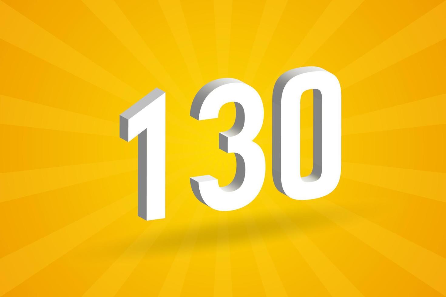3D 130 number font alphabet. White 3D Number 130 with yellow background