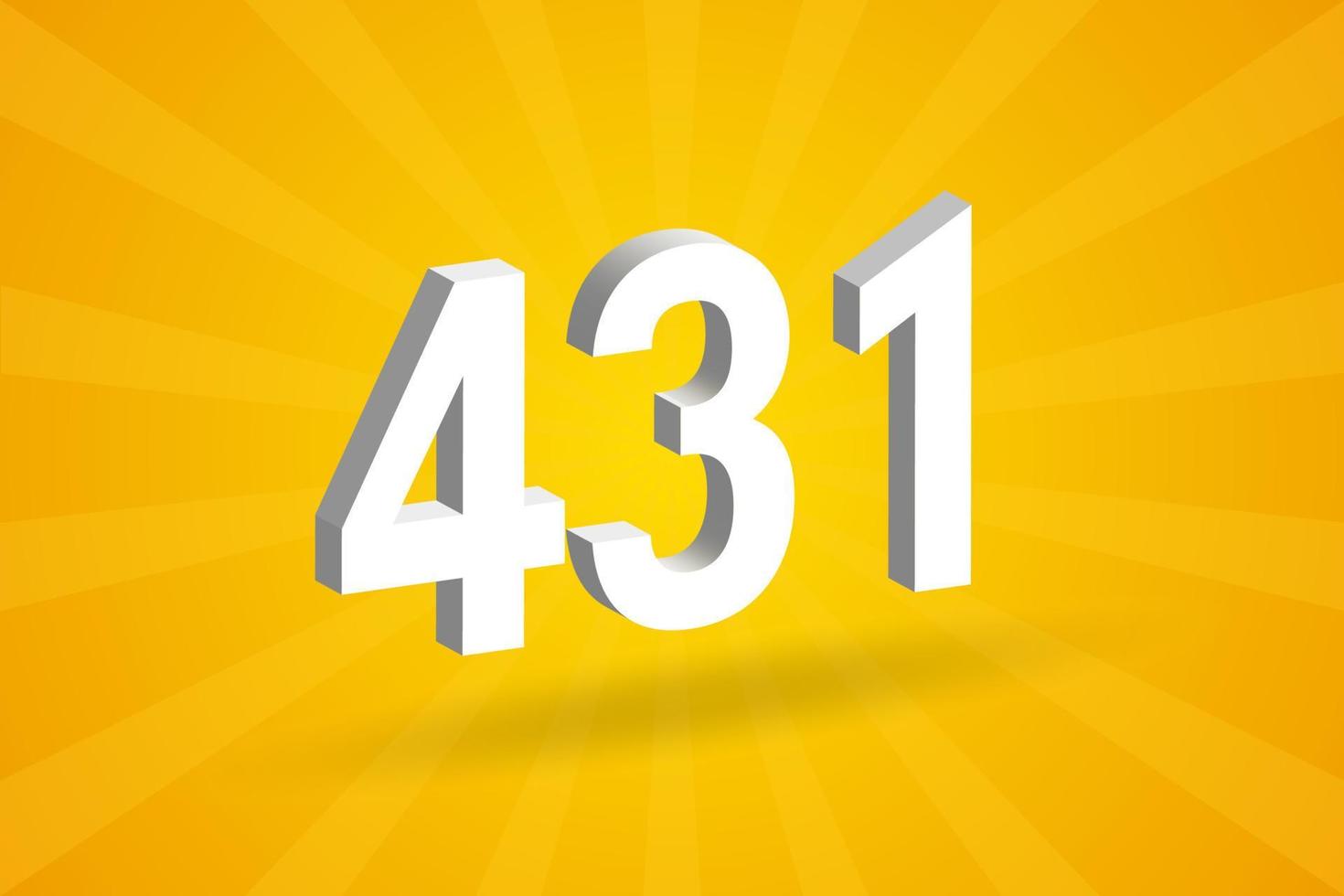 3D 431 number font alphabet. White 3D Number 431 with yellow background vector