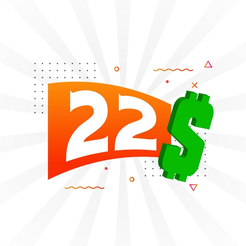 22 Dollar currency vector text symbol. 22 USD United States Dollar American Money stock vector