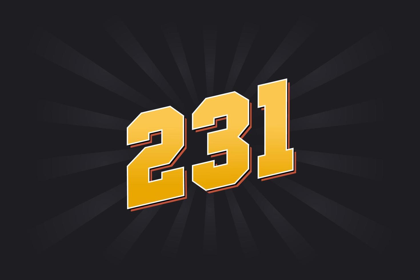 Number 231 vector font alphabet. Yellow 231 number with black background