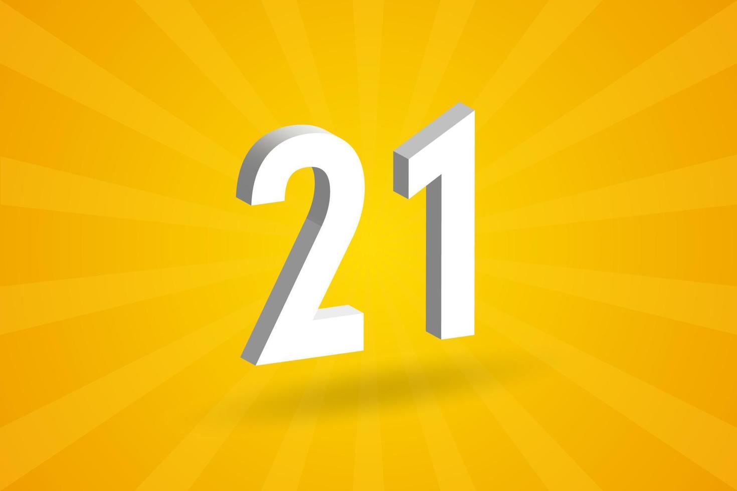 3D 21 number font alphabet. White 3D Number 21 with yellow background vector