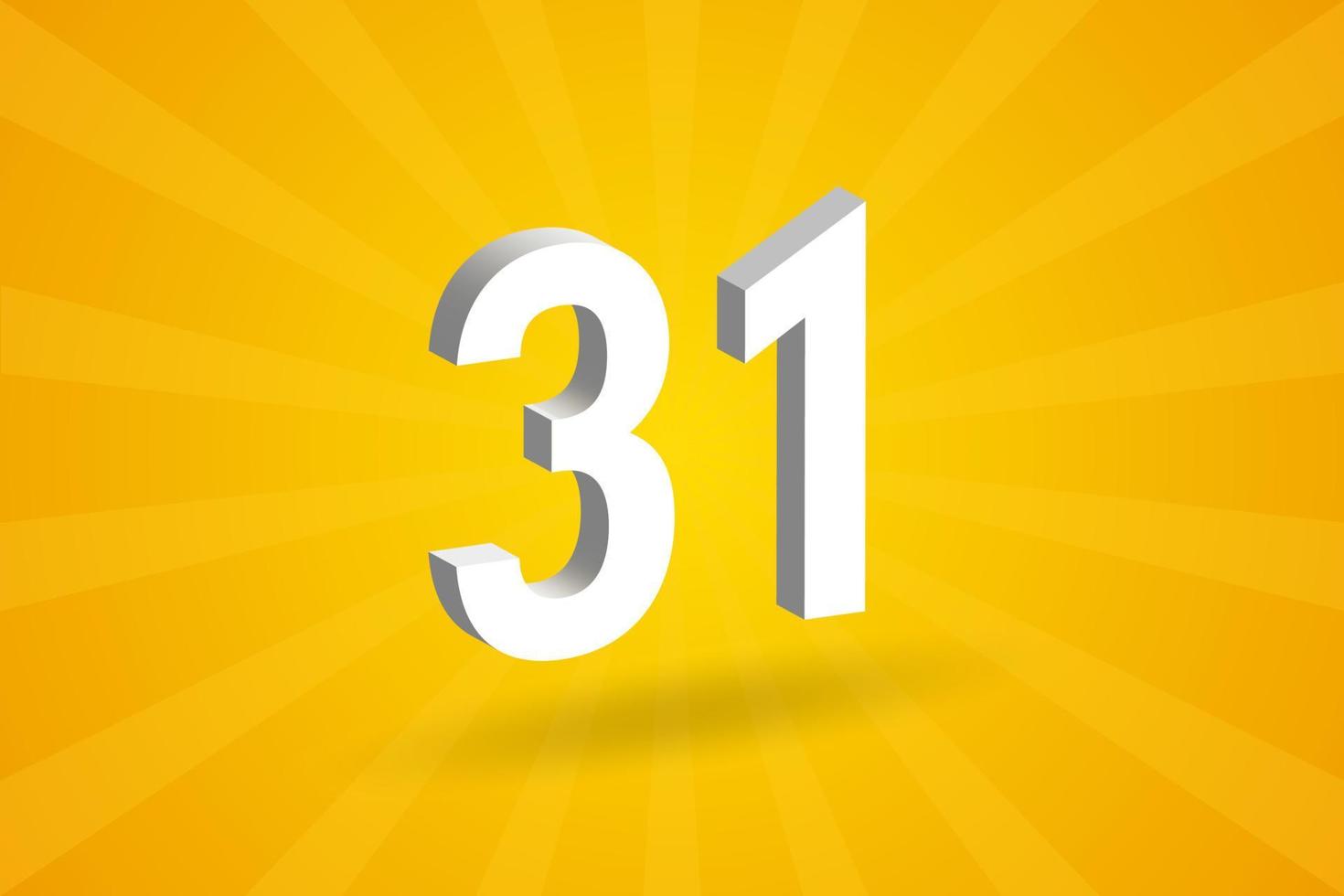 3D 31 number font alphabet. White 3D Number 31 with yellow background vector