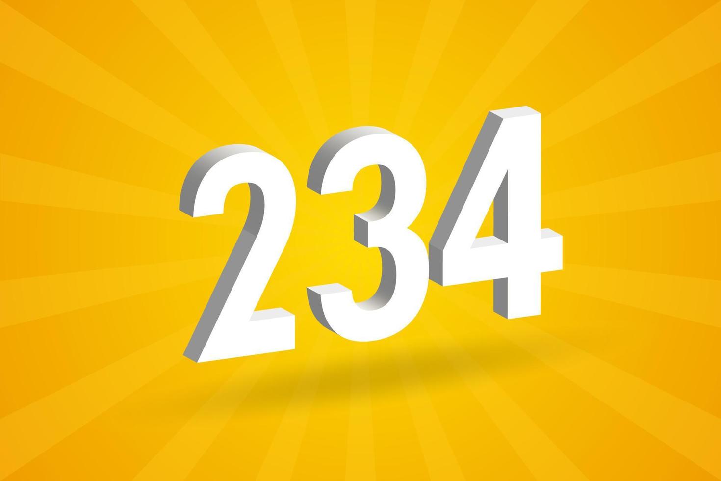 3D 234 number font alphabet. White 3D Number 234 with yellow background vector