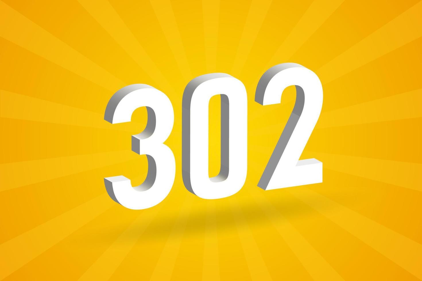 3D 302 number font alphabet. White 3D Number 302 with yellow background vector