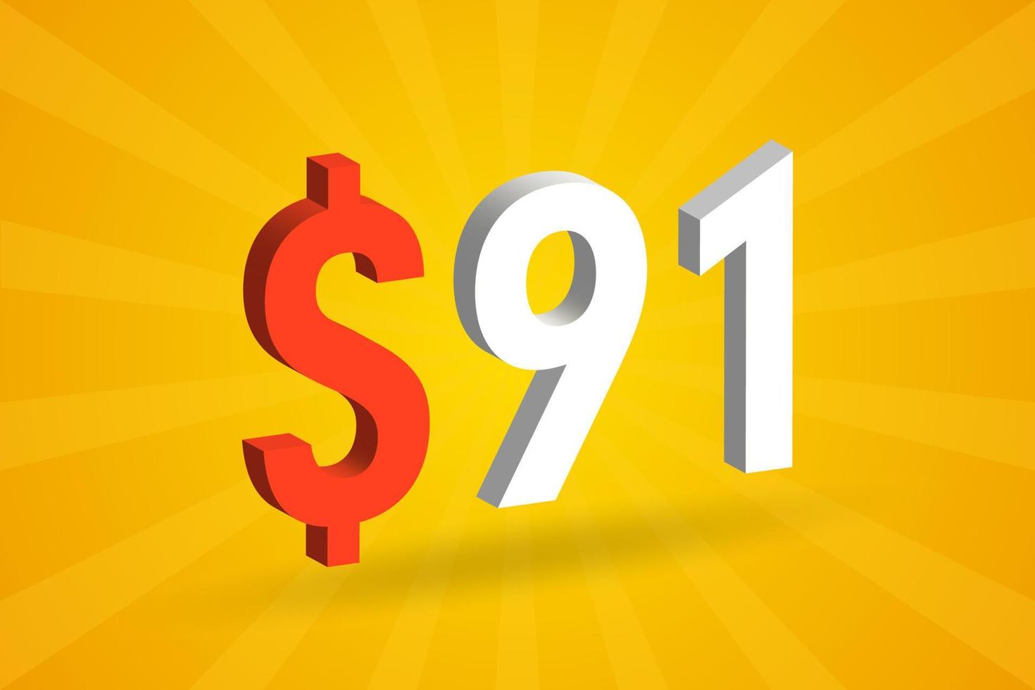 91 USD 3D text symbol. 91 United State Dollar 3D with yellow background American Money stock vector