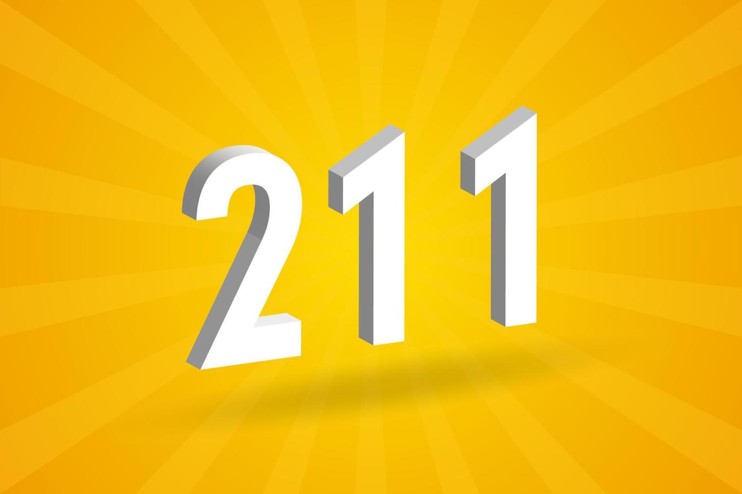 3D 211 number font alphabet. White 3D Number 211 with yellow background vector