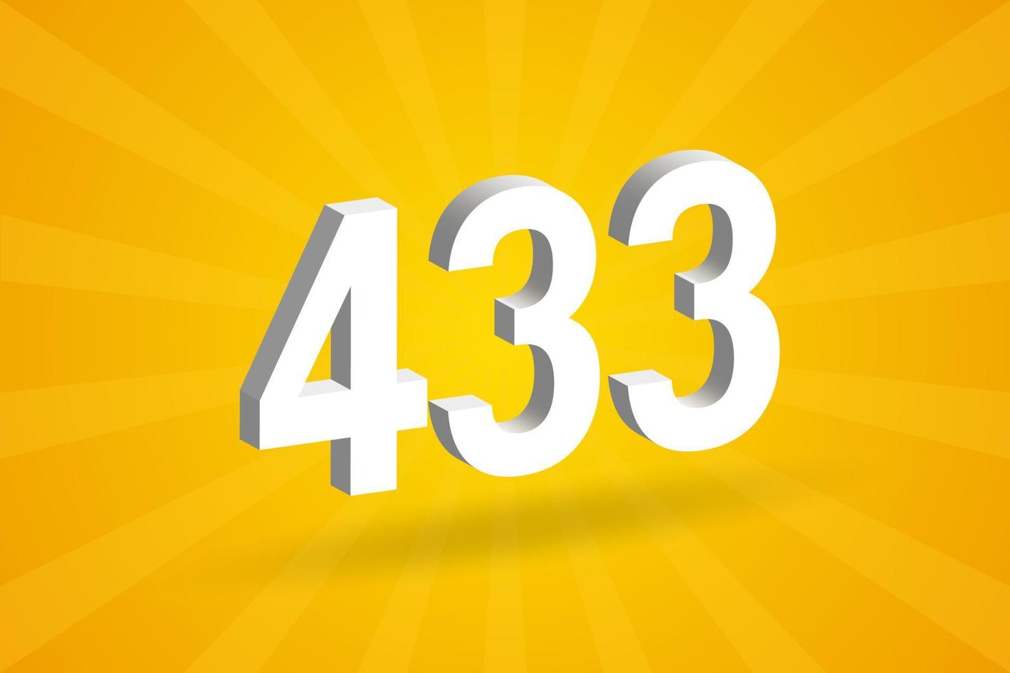 3D 433 number font alphabet. White 3D Number 433 with yellow background vector