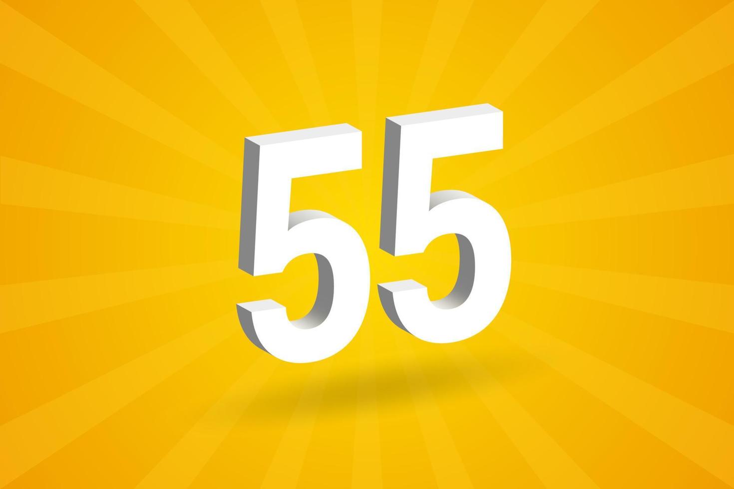 3D 55 number font alphabet. White 3D Number 55 with yellow background vector