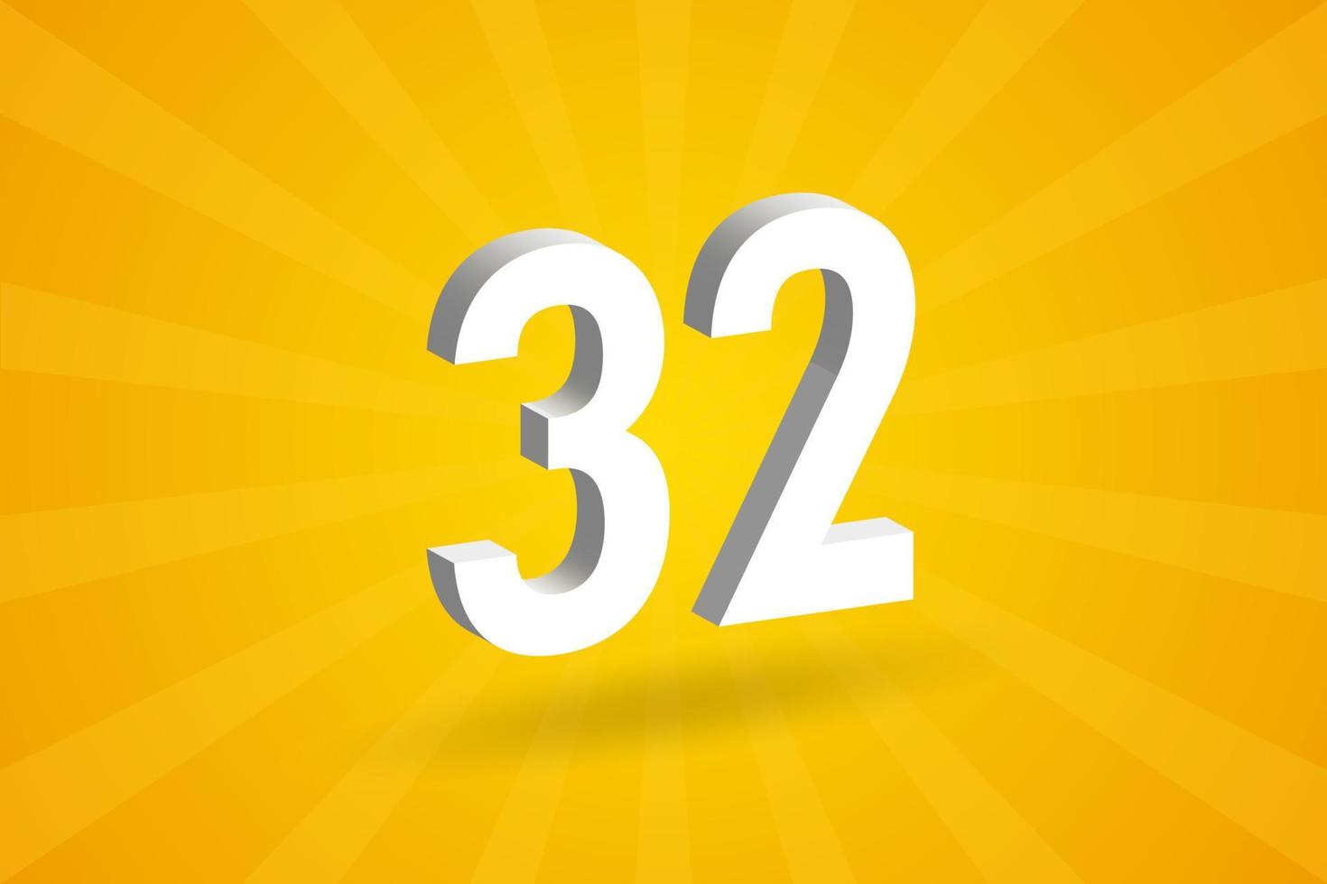 3D 32 number font alphabet. White 3D Number 32 with yellow background vector