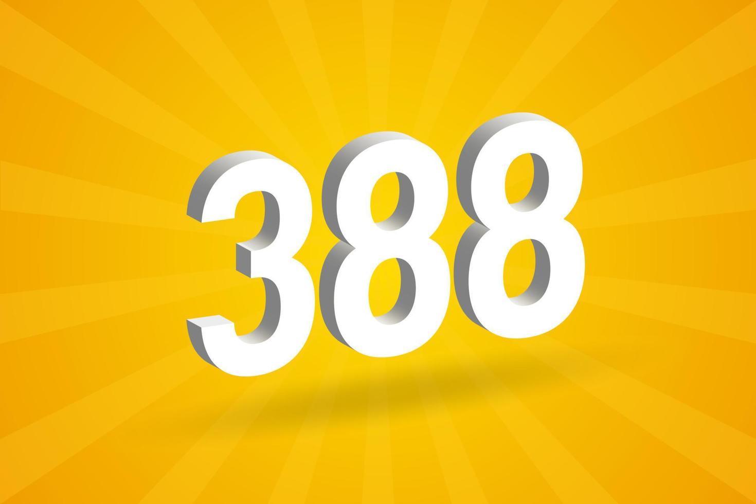 3D 388 number font alphabet. White 3D Number 388 with yellow background vector