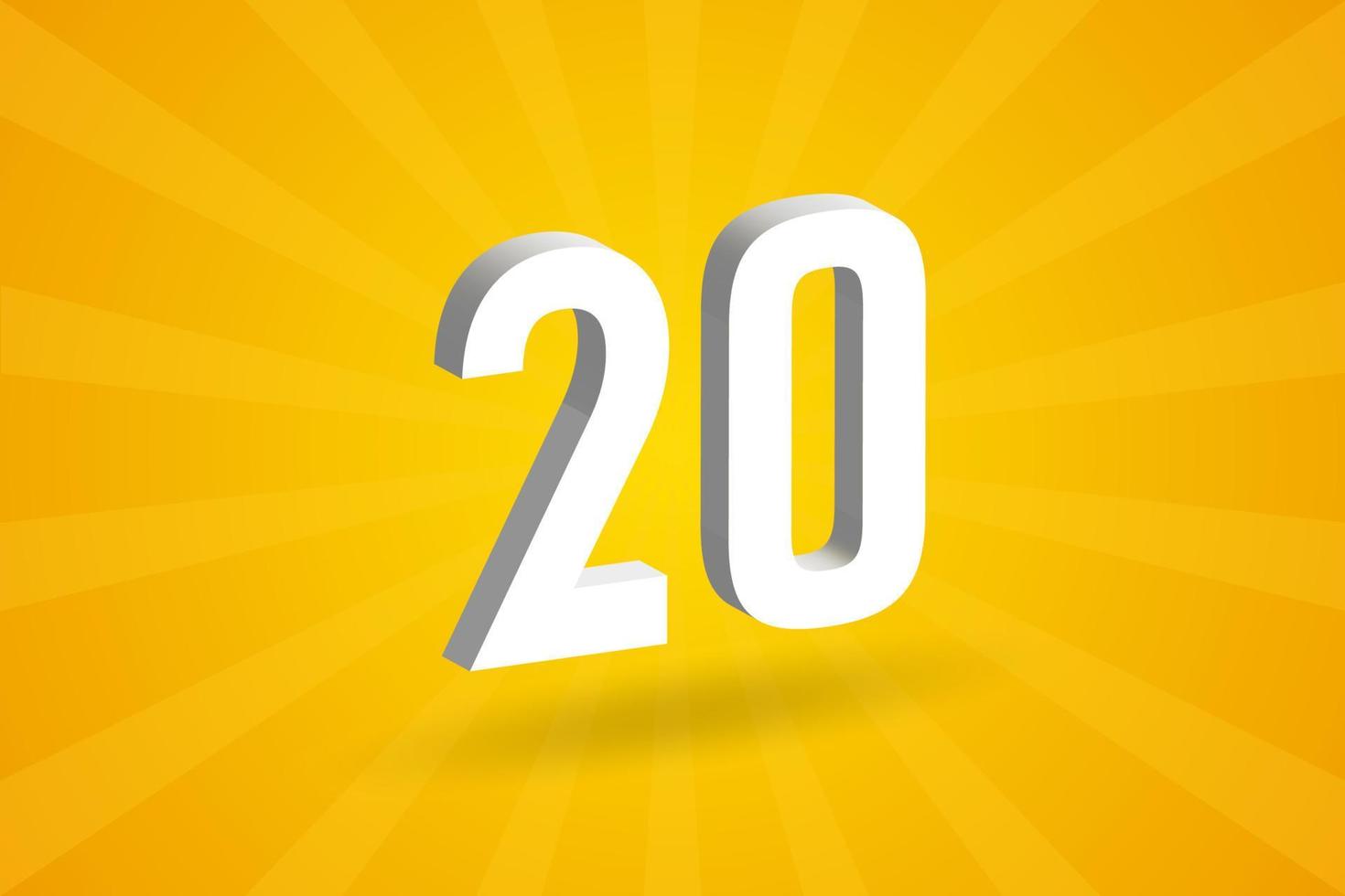 3D 20 number font alphabet. White 3D Number 20 with yellow background vector