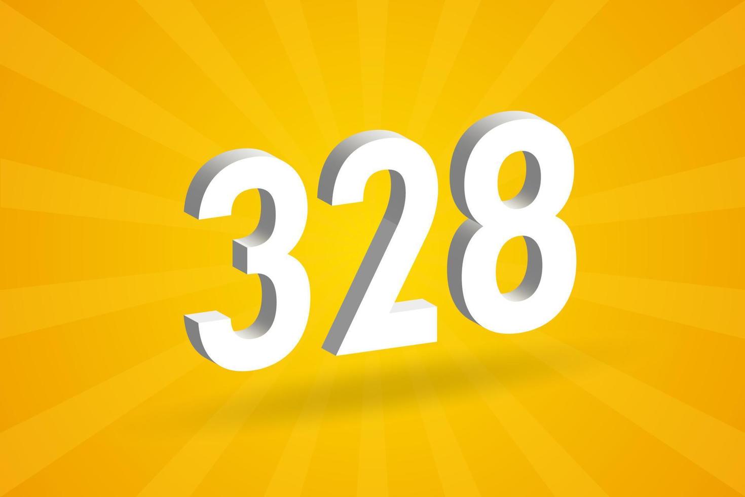 3D 328 number font alphabet. White 3D Number 328 with yellow background vector