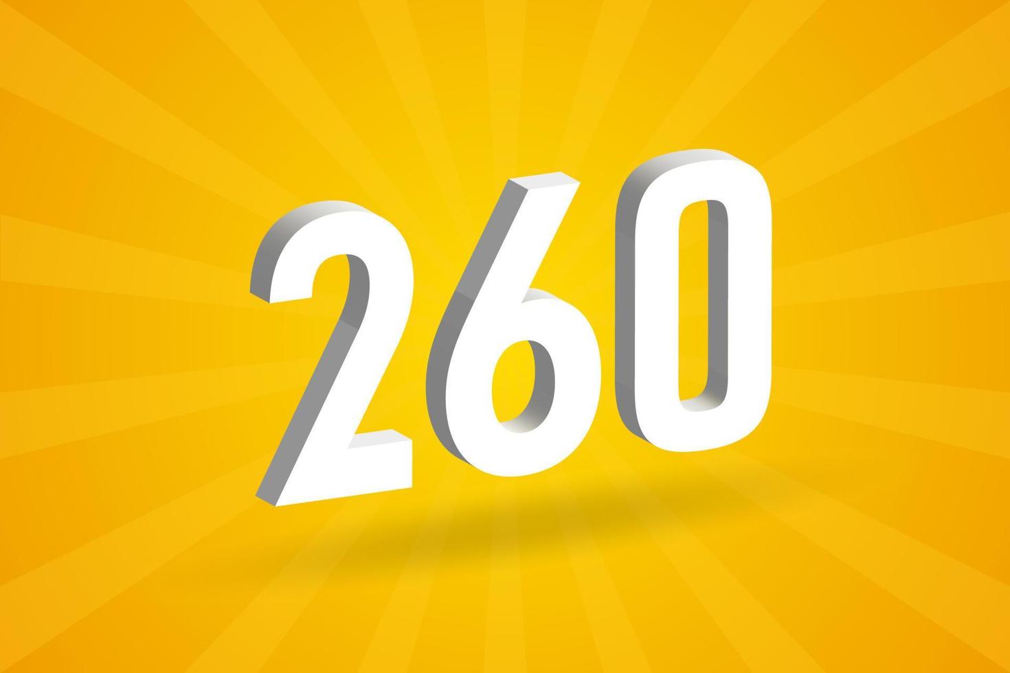 3D 260 number font alphabet. White 3D Number 260 with yellow background vector