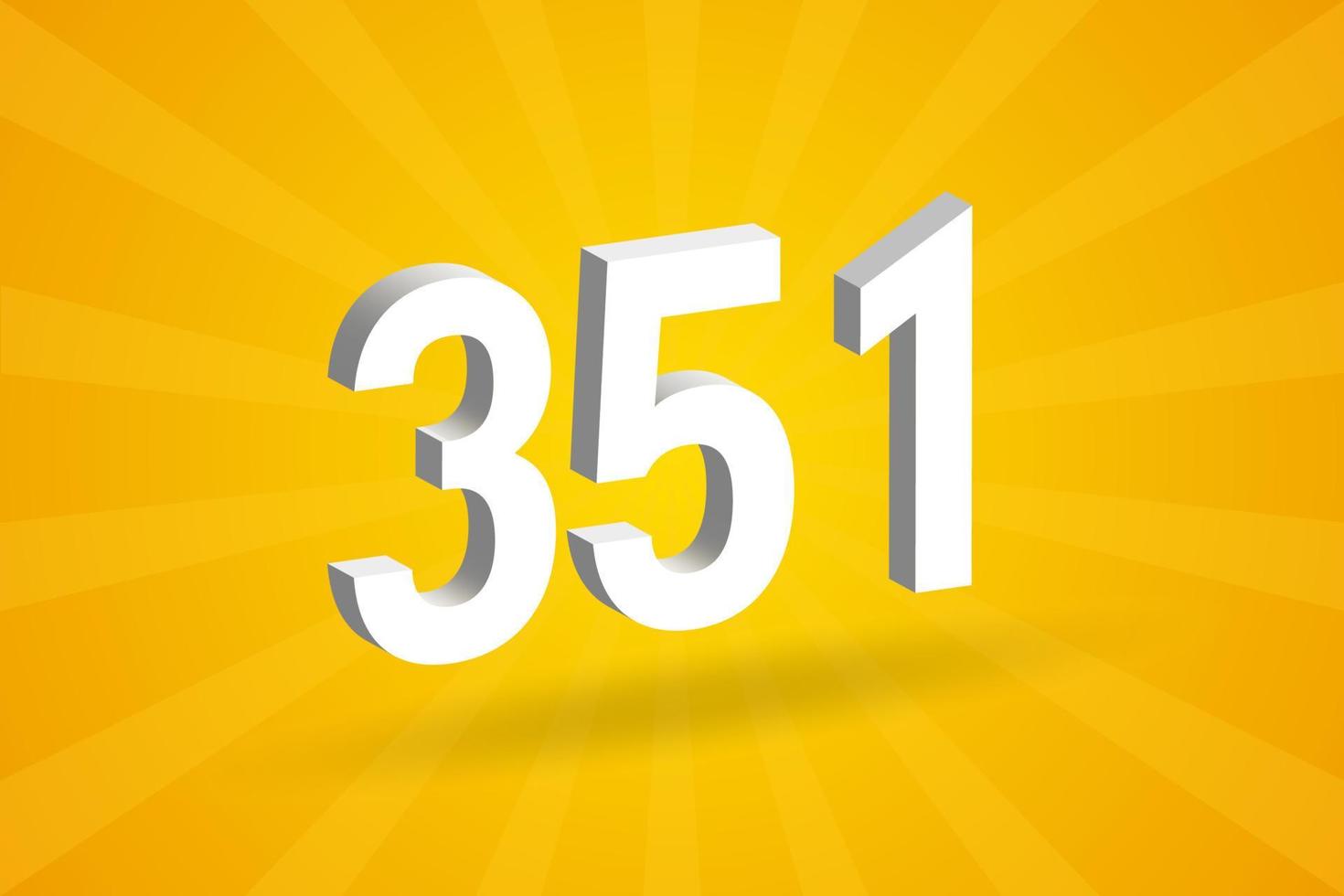 3D 351 number font alphabet. White 3D Number 351 with yellow background vector
