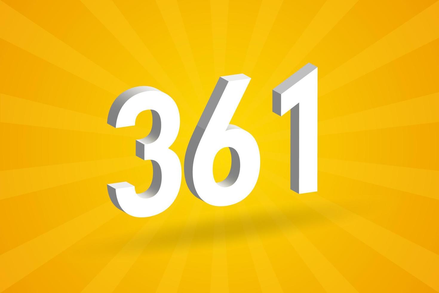 3D 361 number font alphabet. White 3D Number 361 with yellow background vector