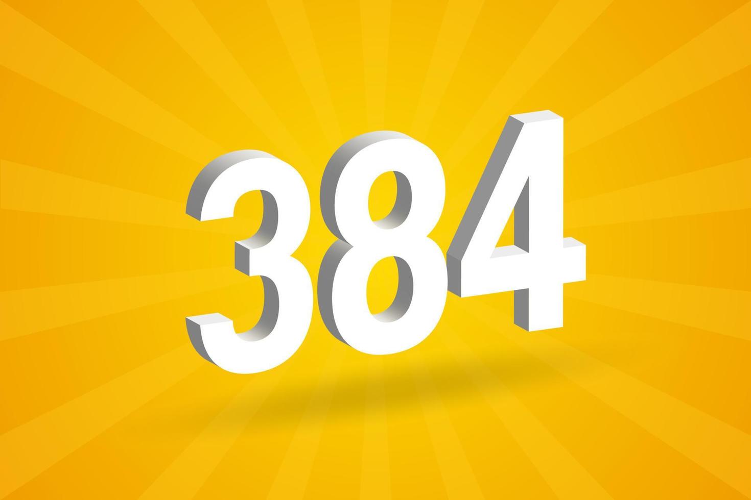 3D 384 number font alphabet. White 3D Number 384 with yellow background vector