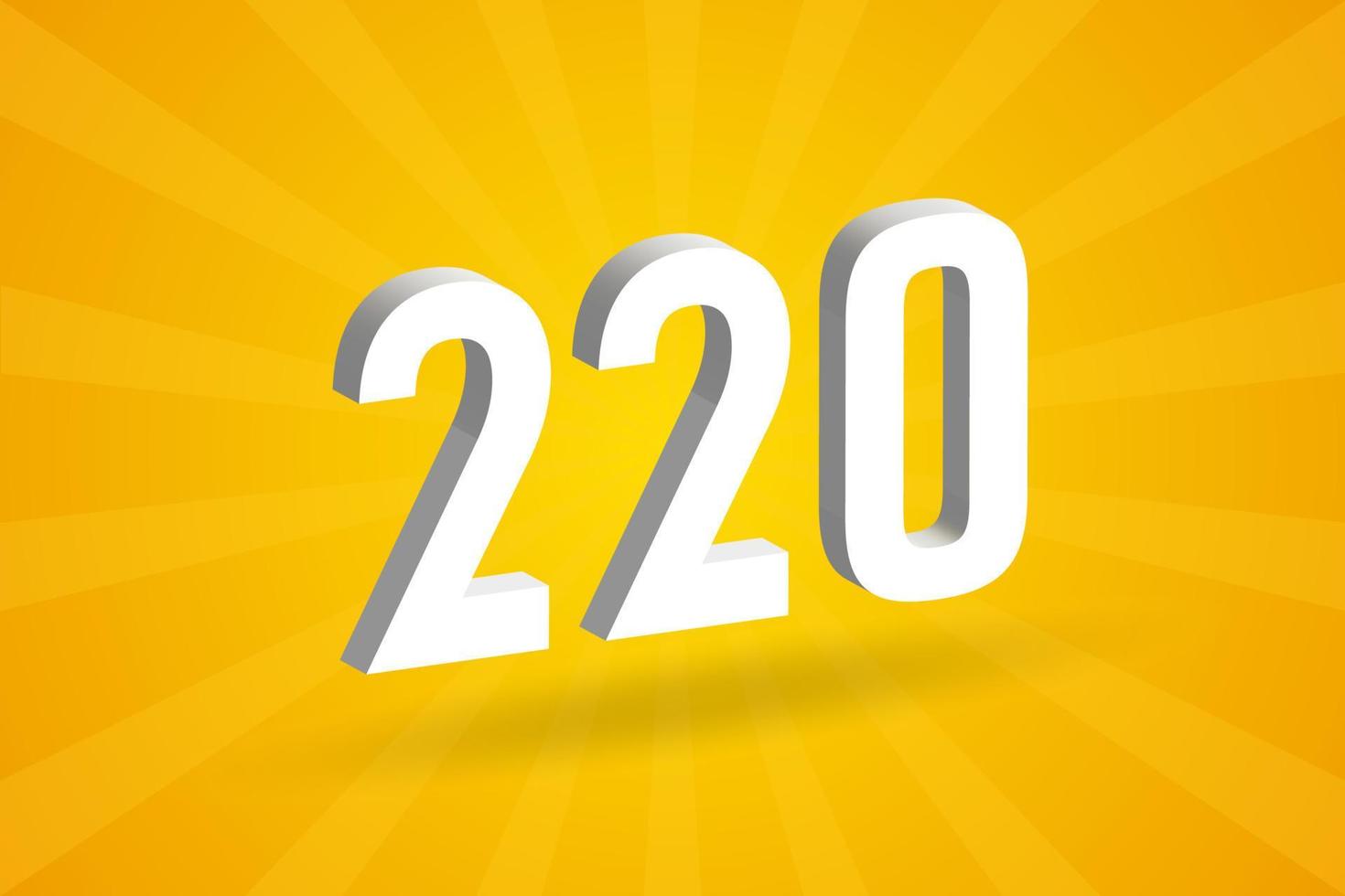 3D 220 number font alphabet. White 3D Number 220 with yellow background vector