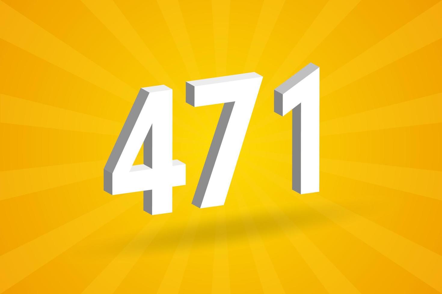 3D 471 number font alphabet. White 3D Number 471 with yellow background vector