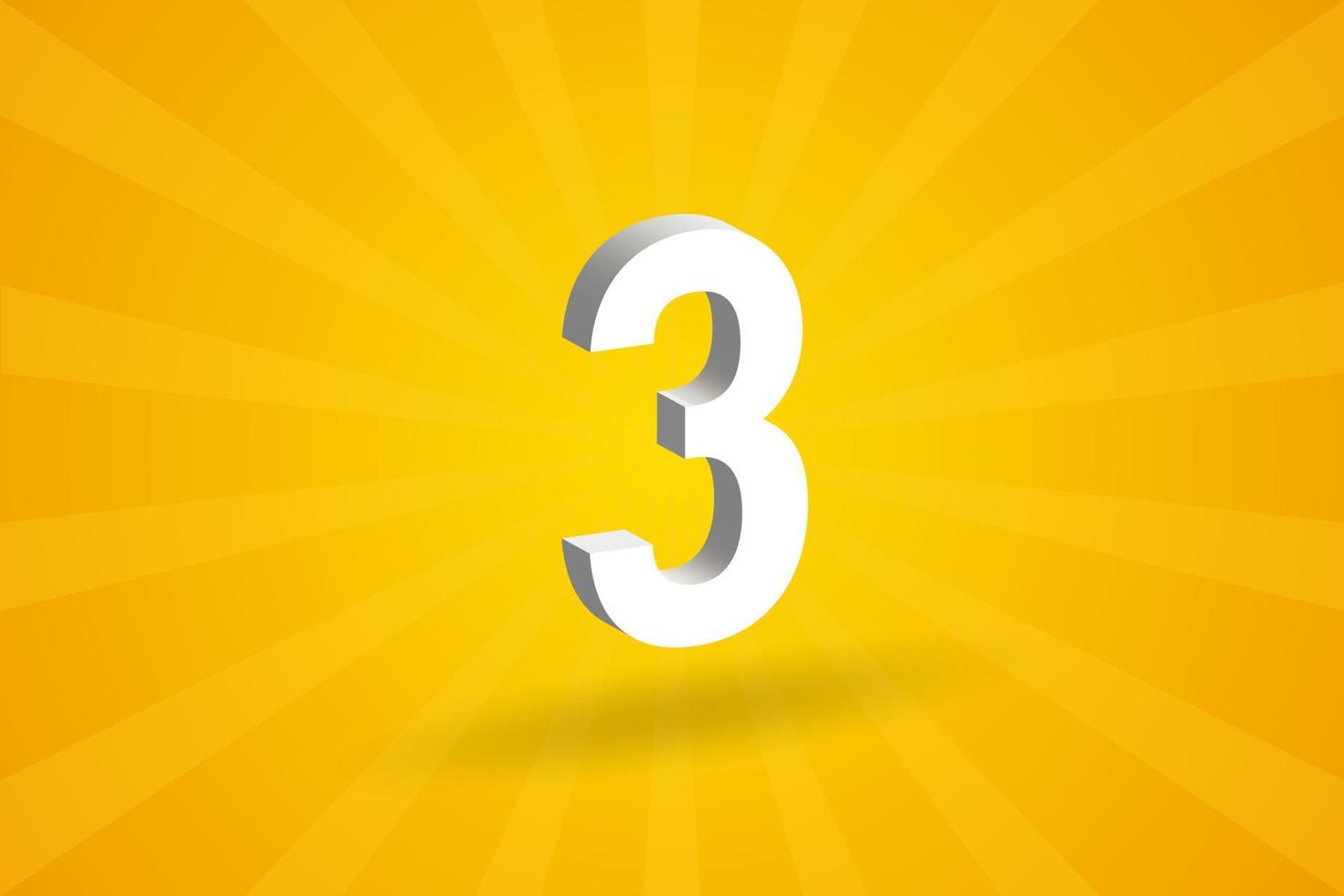 3D 3 number font alphabet. White 3D Number 3 with yellow background vector