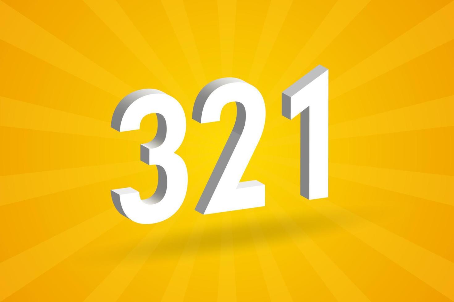 3D 321 number font alphabet. White 3D Number 321 with yellow background vector