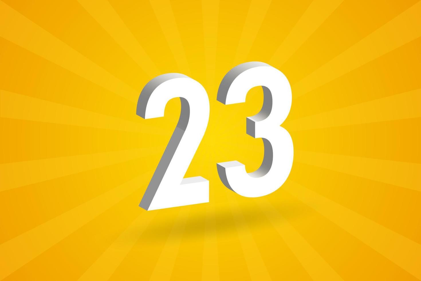 3D 23 number font alphabet. White 3D Number 23 with yellow background vector