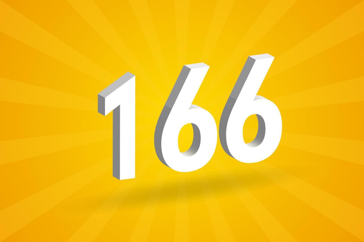3D 166 number font alphabet. White 3D Number 166 with yellow background vector