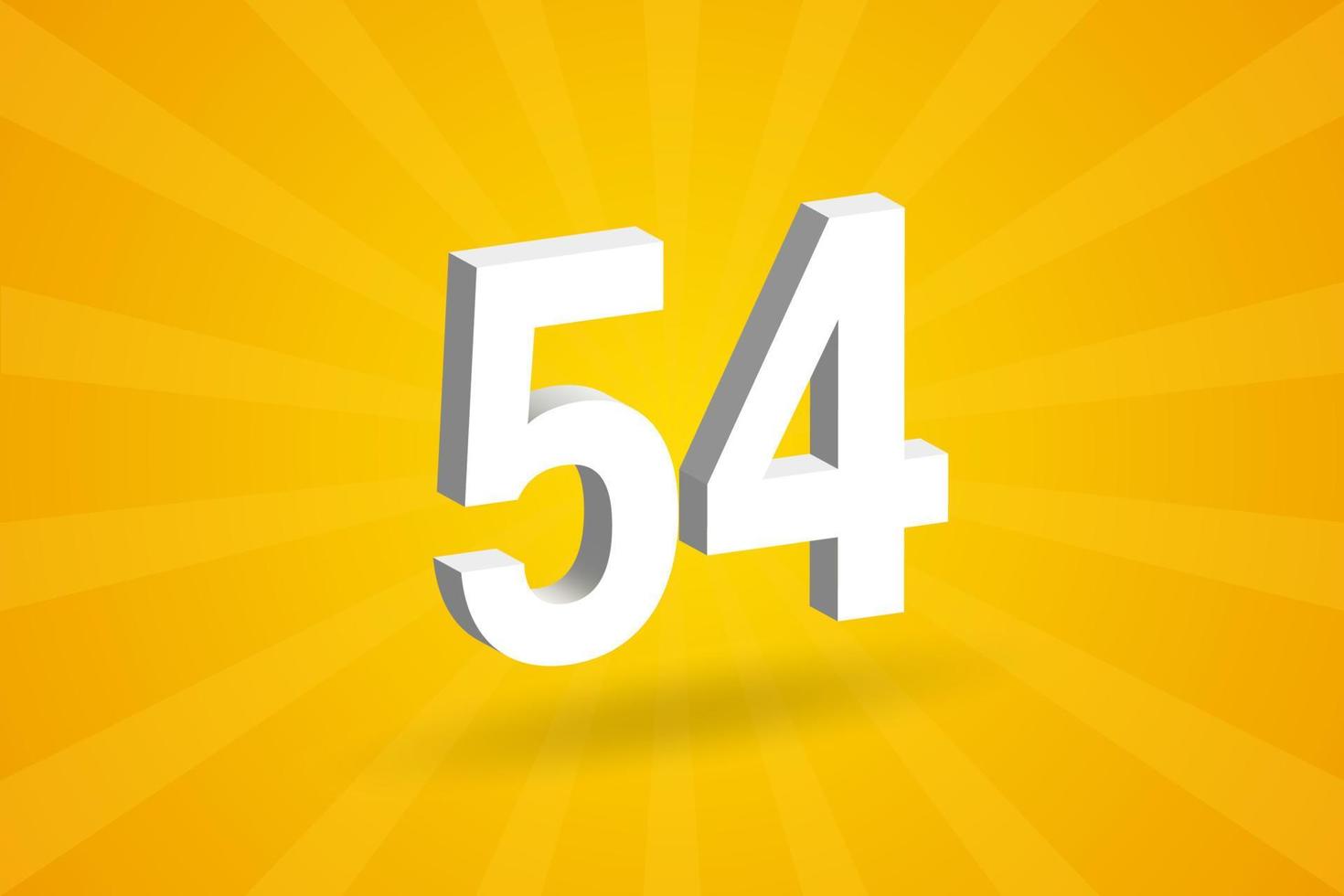 3D 54 number font alphabet. White 3D Number 54 with yellow background vector