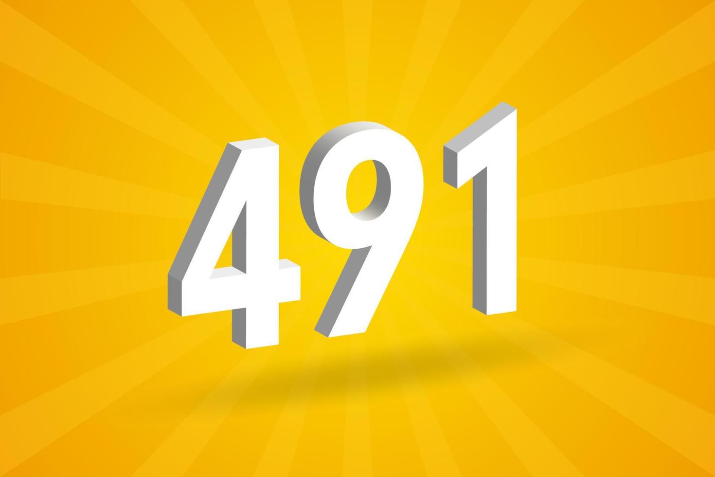 3D 491 number font alphabet. White 3D Number 491 with yellow background vector