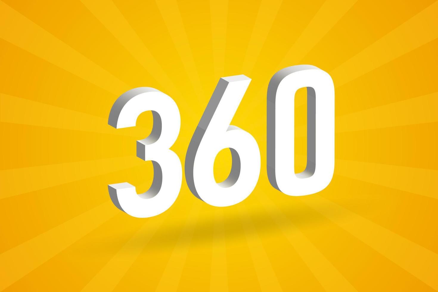 Alfabeto de fuente de número 3d 360. blanco 3d número 360 con fondo amarillo vector