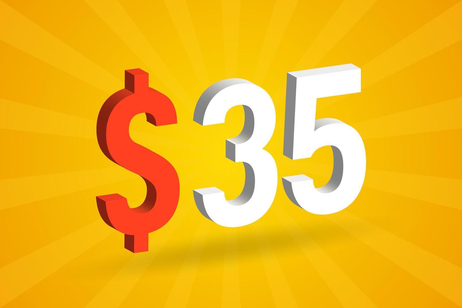 35 USD 3D text symbol. 35 United State Dollar 3D with yellow background American Money stock vector