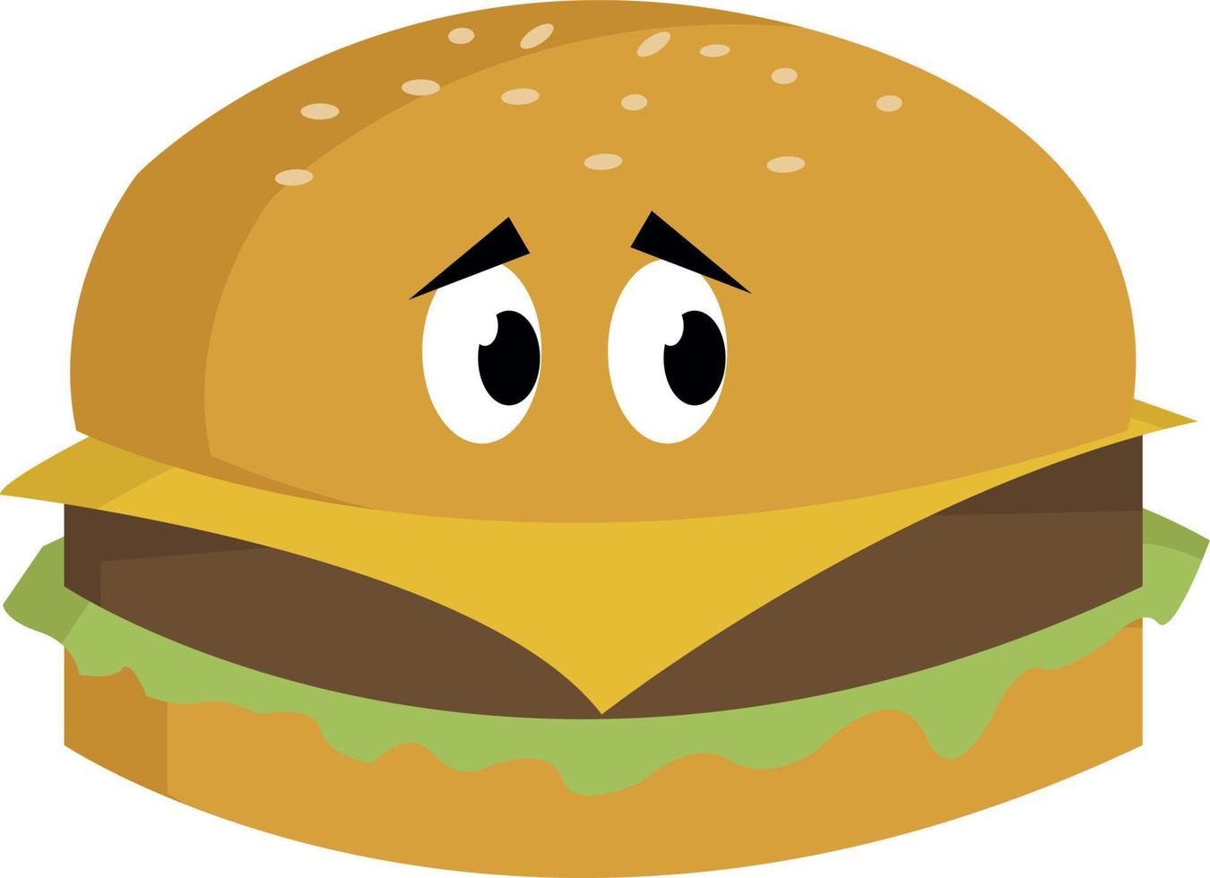 Hamburguesa triste, ilustración, vector sobre fondo blanco.