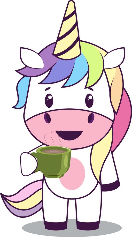 Unicornio con café, ilustración, vector sobre fondo blanco.