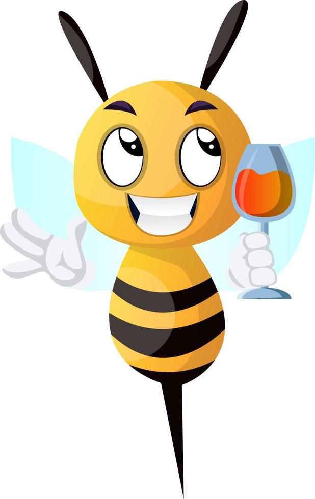 abeja sosteniendo una bebida, abeja bebiendo vino, ilustración, vector sobre fondo blanco.