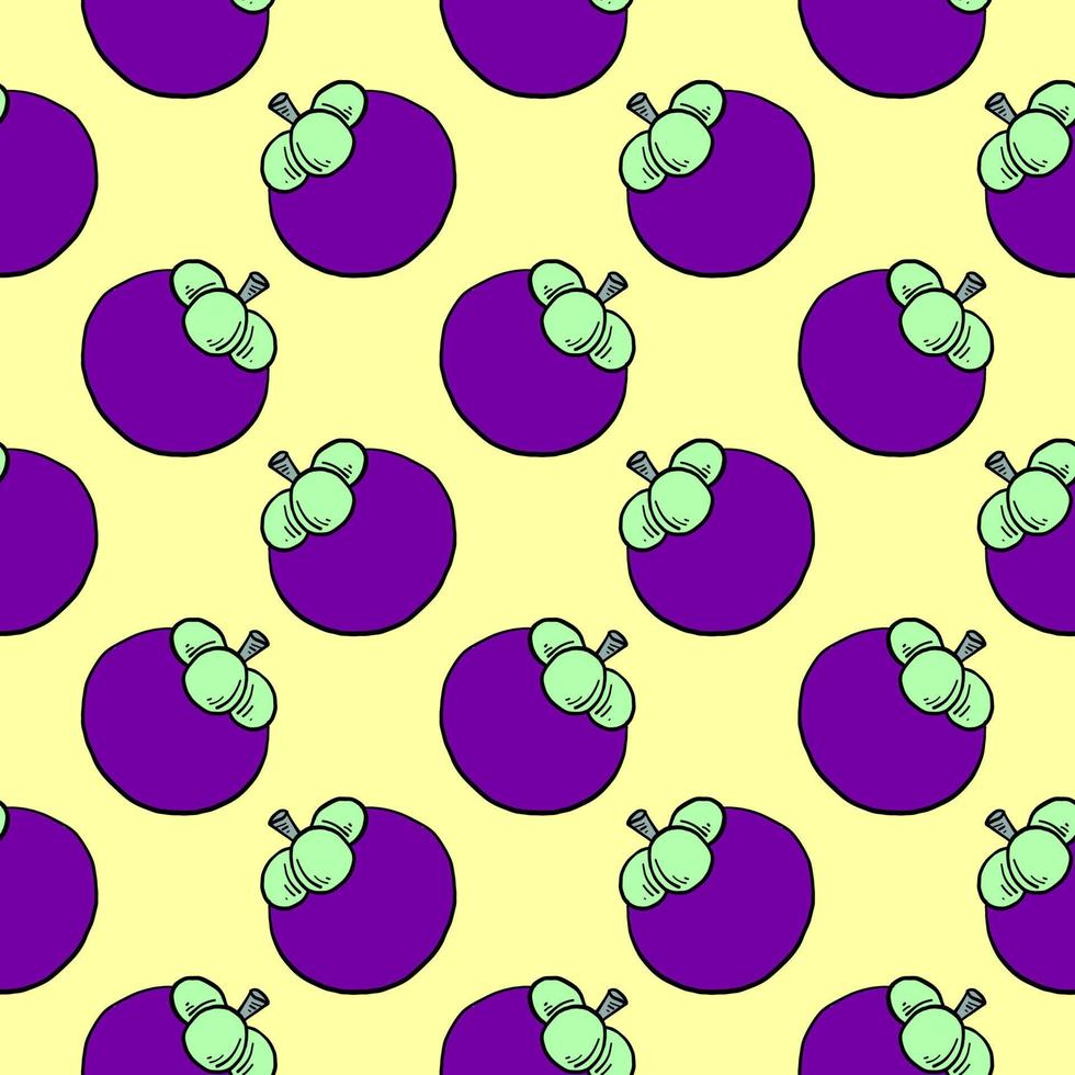 Purple mangosteen with a stem, seamless pattern on yellow background. vector