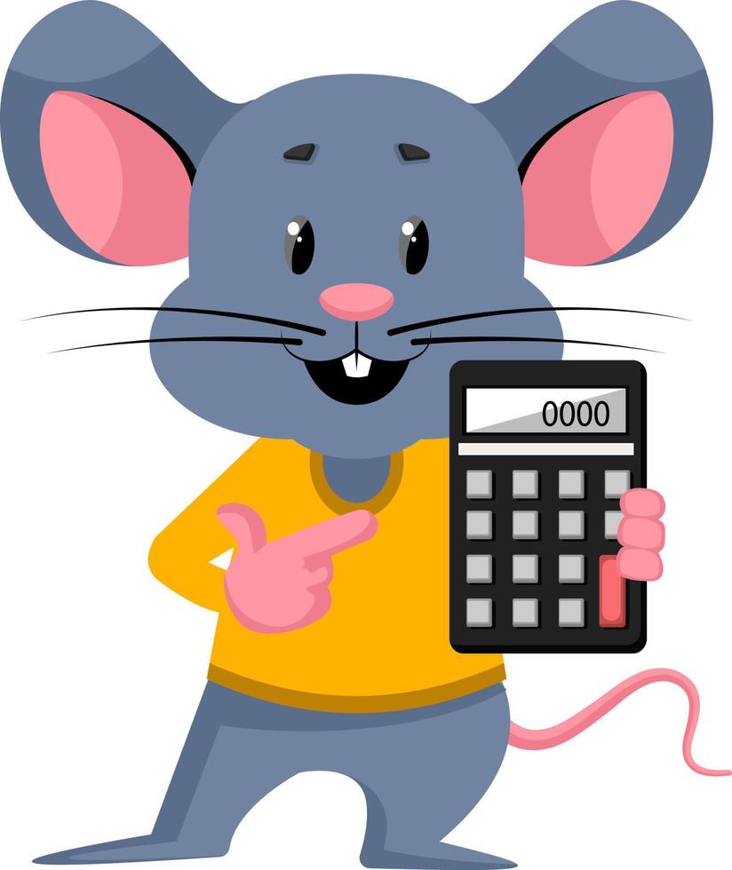 Ratón con calculadora, ilustración, vector sobre fondo blanco.