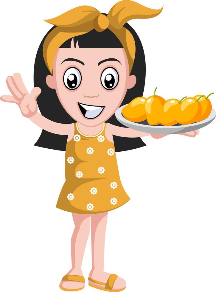 Girl with mangos, illustration, vector on white background.