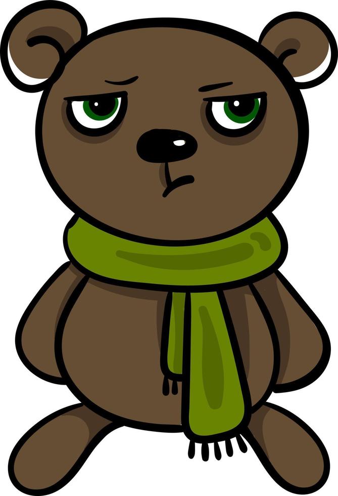 Bear with a green scarf, illustration, vector on a white background.