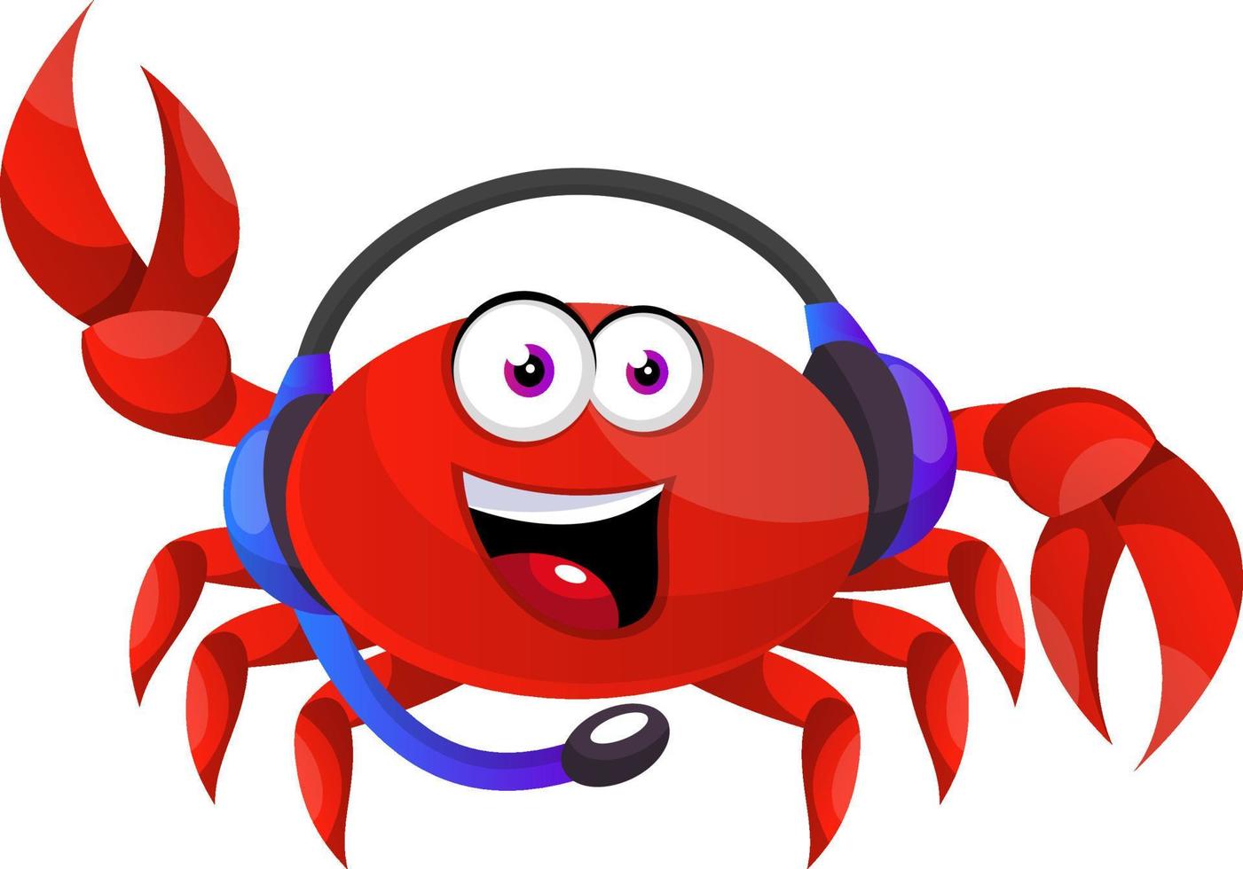 Crab with headphones, illustration, vector on white background.