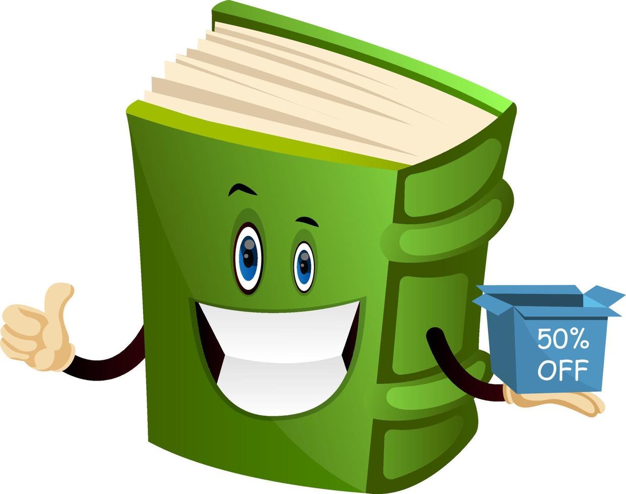 Cartoon book character is holding discount box, illustration, vector on white background.