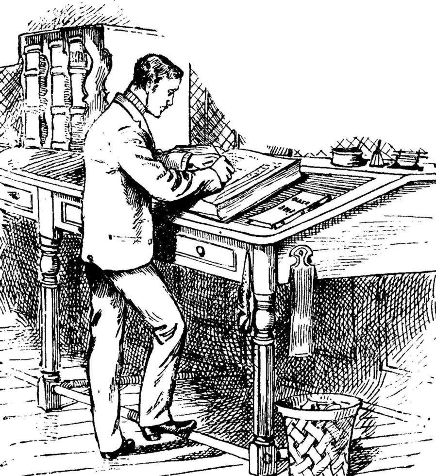 Man writing or standing at a writing desk, vintage engraving. vector