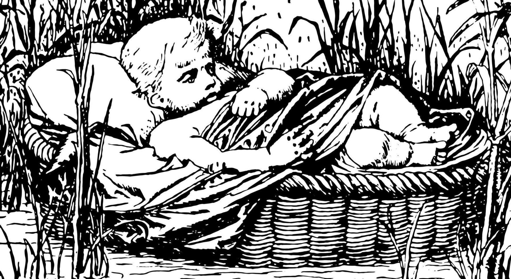 Child in basket floating down the river, vintage engraving. 13892219