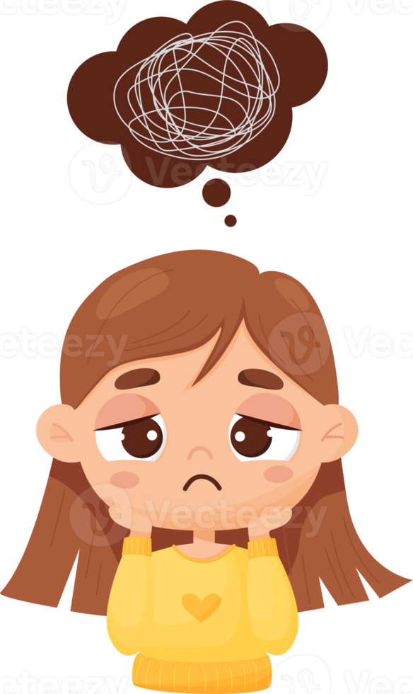 Sad pensive girl and   bubble with confused thoughts png