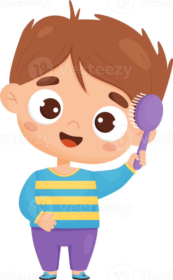 Cute baby boy combing her hair with comb png