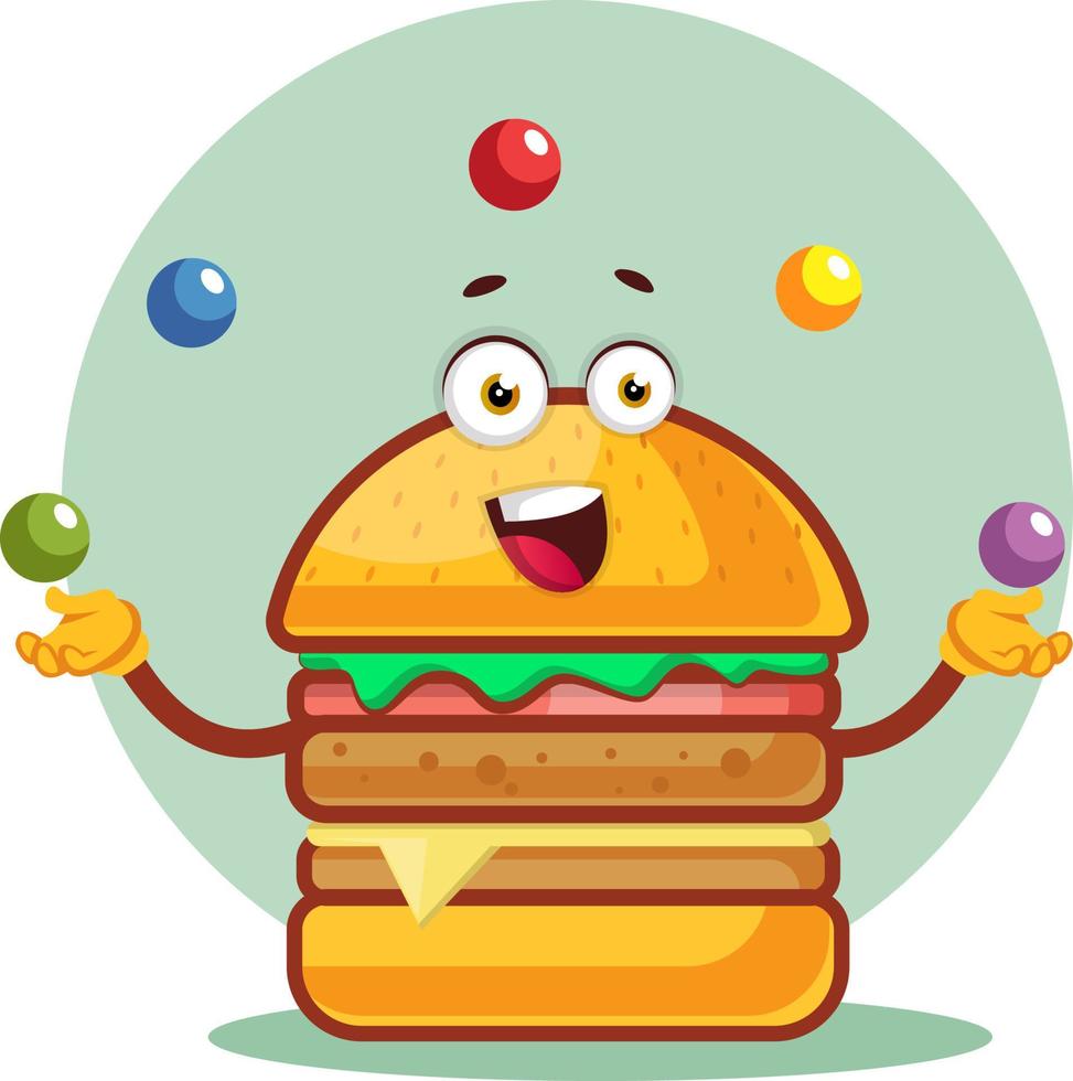 Burger is juggling with colored balls, illustration, vector on white background.